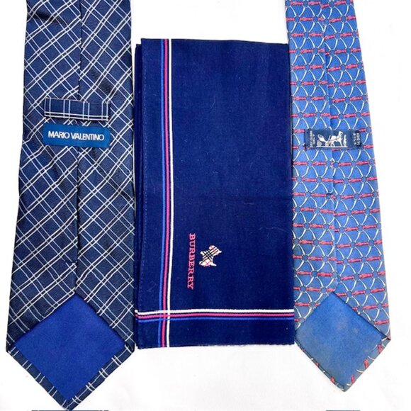 Set 2 Neckties: Hermès Geometric &  Mario Valentino +1 Burberry Handkerchief(51) - Picture 4 of 16